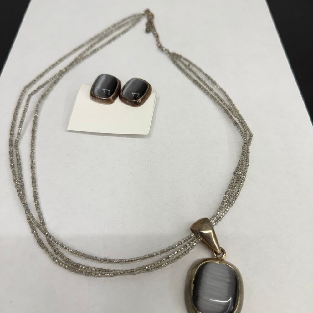 Vintage Necklace & Clip On Earrings Beaded Chain Gray Stone Costume Jewelry